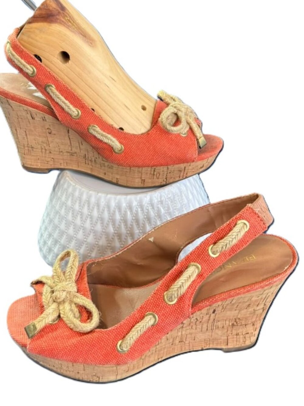 Franco Sarto Cliff Orange Canvas Slingbacks Cork Wedge Platform Sandals Heels 6M